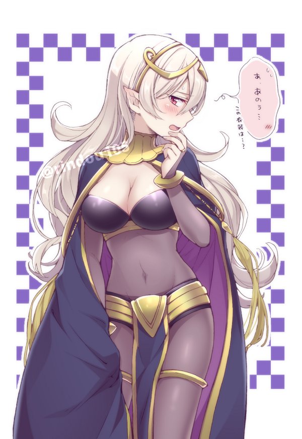 blush bodysuit breasts bridal_gauntlets cape circlet cleavage commentary_request cosplay female_my_unit_(fire_emblem_if) fire_emblem fire_emblem:_kakusei fire_emblem_heroes fire_emblem_if gold_trim hiyori_(rindou66) long_hair looking_to_the_side mamkute my_unit_(fire_emblem_if) navel open_mouth pointy_ears red_eyes solo tharja tharja_(cosplay) white_hair