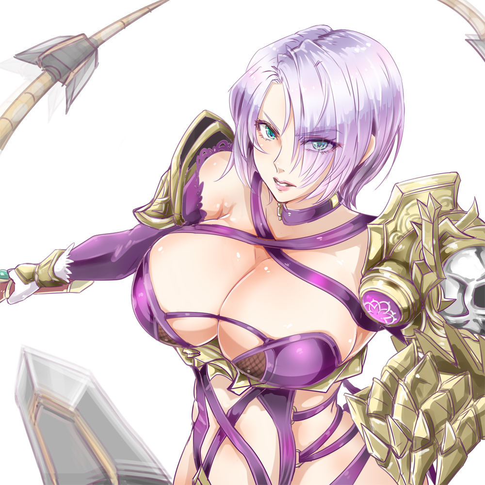 1girl aqua_eyes armor breasts cleavage collar commentary_request covered_navel eyes_visible_through_hair gauntlets gloves hair_over_one_eye isabella_valentine large_breasts makeup pauldrons purple_legwear revealing_clothes short_hair silver_hair single_gauntlet soulcalibur sword weapon whip whip_sword