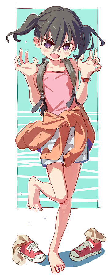 :d backpack bag bangs bare_legs barefoot blush camisole claw_pose clothes_around_waist commentary_request fang footwear_removed frame full_body hair_between_eyes jacket_around_waist kuraue_hinata looking_at_viewer matsuo_yuusuke open_mouth shoes shoes_removed smile sneakers socks_removed solo standing standing_on_one_leg twintails v-shaped_eyebrows watch wristwatch yama_no_susume