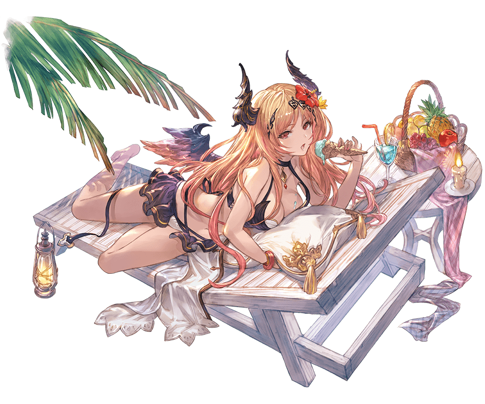 apple bangs bare_legs barefoot basket beach_chair bikini blonde_hair bracelet breasts brown_eyes candle choker cleavage cream cup dark_angel_olivia drinking_glass drinking_straw flower food fruit full_body gradient gradient_hair granblue_fantasy grapes hair_flower hair_ornament hibiscus holding horn ice_cream ice_cream_cone jewelry long_hair looking_at_viewer lying medium_breasts minaba_hideo multicolored_hair official_art on_stomach open_mouth orange orange_slice palm_leaf pillow pineapple red_hair shingeki_no_bahamut shiny shiny_hair solo swimsuit table transparent_background wings