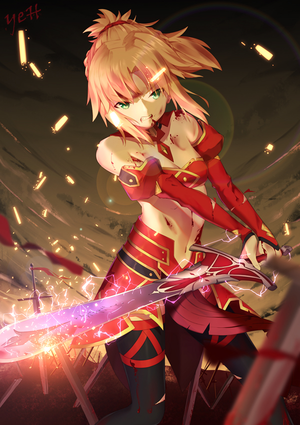 armor black_legwear blonde_hair blood bra breasts cleavage clenched_teeth detached_sleeves fate/apocrypha fate_(series) floating_hair green_eyes hair_ornament hair_scrunchie holding holding_sword holding_weapon lens_flare long_hair midriff mordred_(fate) mordred_(fate)_(all) navel outdoors ponytail red_bra red_scrunchie red_skirt scrunchie skirt small_breasts solo standing stomach striped striped_bra sword teeth thighhighs underwear weapon yeh_(354162698)