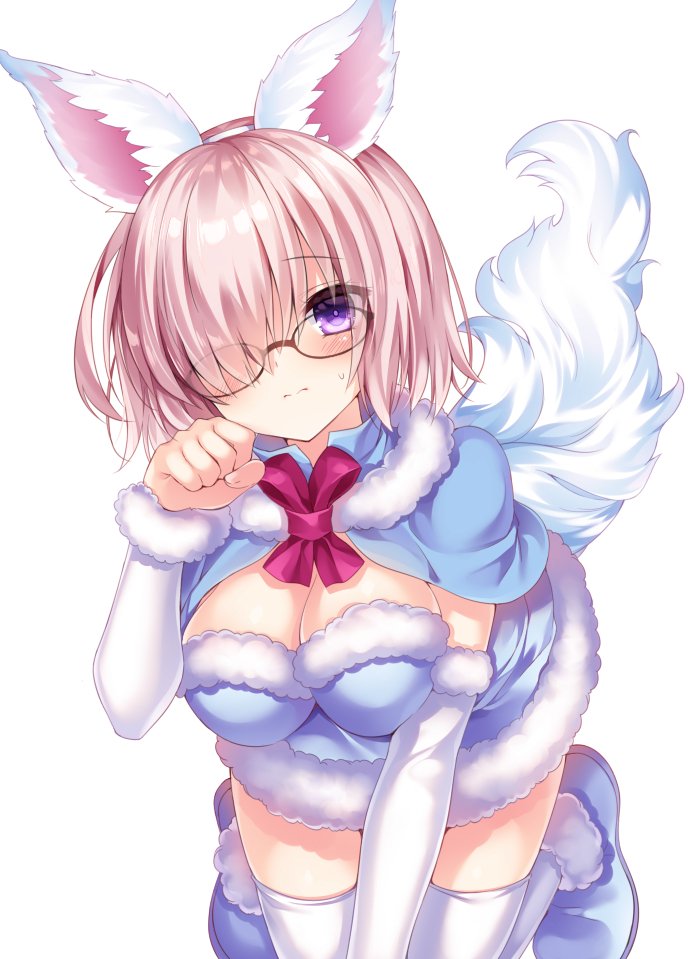 animal_ears bangs blue_capelet blue_dress blush breasts capelet cleavage commentary_request cosplay detached_sleeves dress fake_animal_ears fate/grand_order fate_(series) fou_(fate/grand_order) fou_(fate/grand_order)_(cosplay) fur-trimmed_capelet fur-trimmed_dress fur-trimmed_sleeves fur_trim glasses hair_over_one_eye kneeling lavender_hair long_sleeves looking_at_viewer mash_kyrielight nogi_takayoshi paw_pose purple_eyes short_hair simple_background sweatdrop tail thighhighs white_background white_legwear