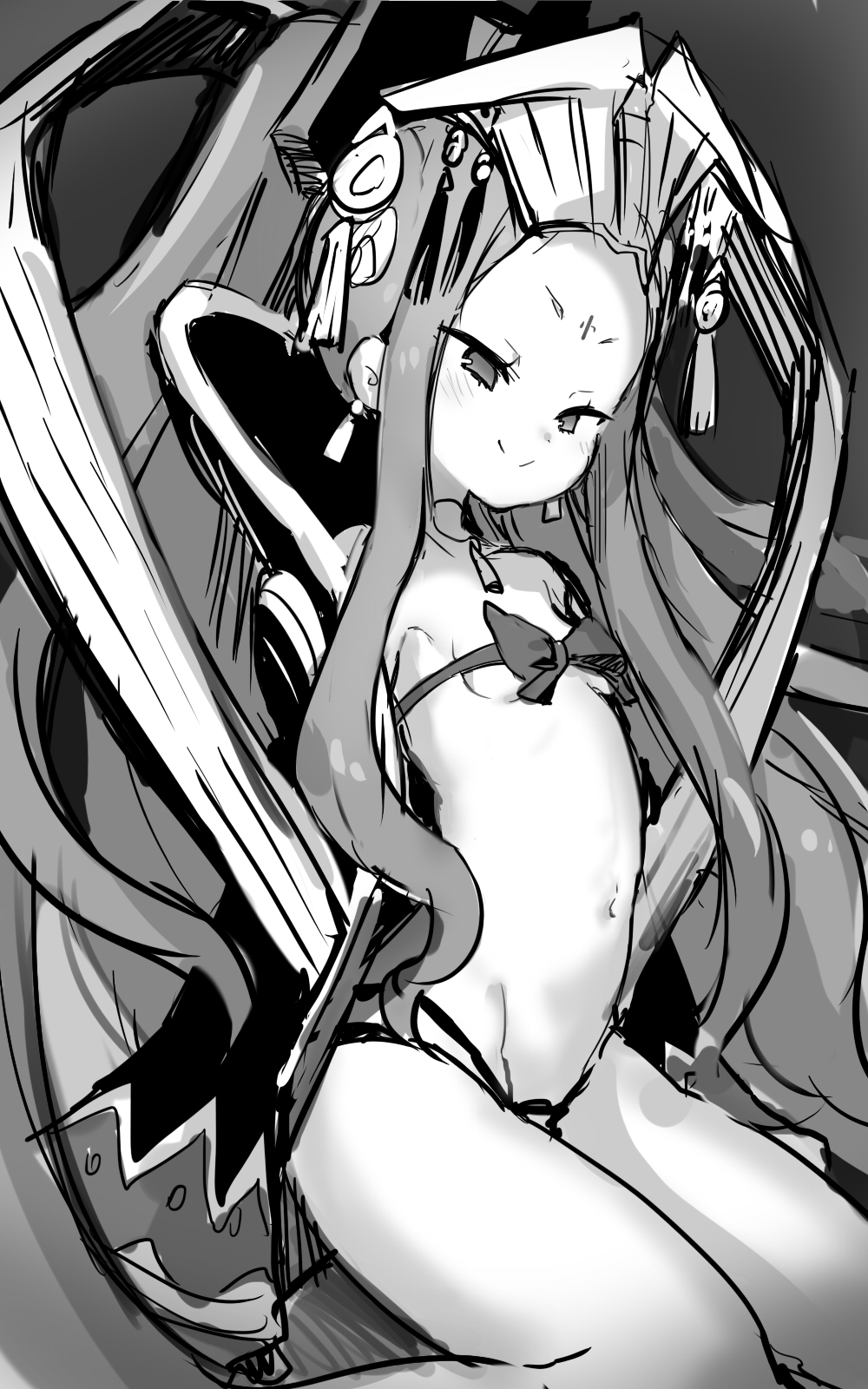 bow bow_bra bra breasts facial_mark fate/grand_order fate_(series) forehead forehead_mark grey_background greyscale headpiece highres kneeling long_hair looking_at_viewer monochrome navel revealing_clothes ribbon_bra sketch small_breasts smile solo suurin_(ksyaro) underwear very_long_hair wu_zetian_(fate/grand_order)