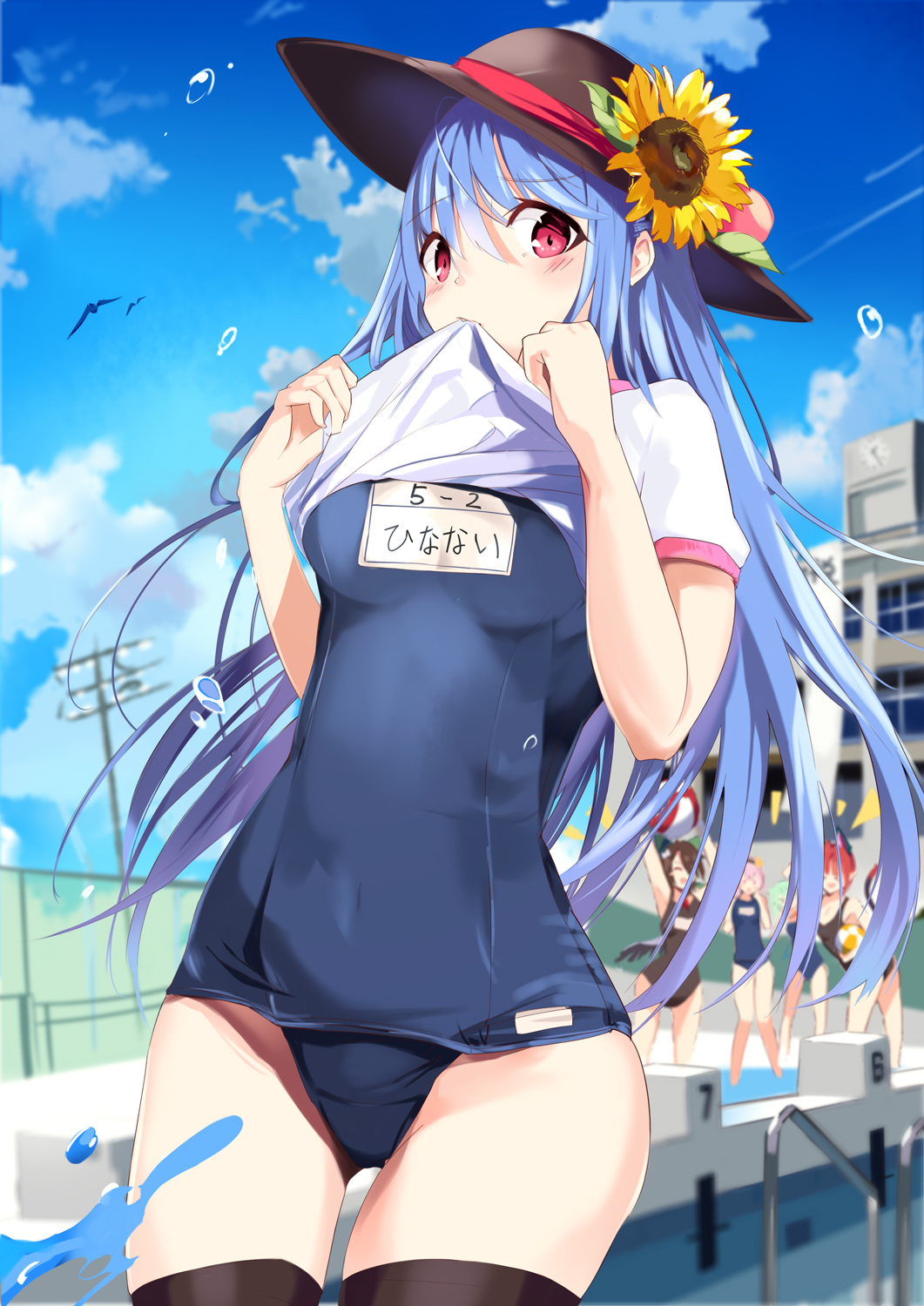 &gt;_&lt; :d ^_^ animal_ears ball bangs bare_arms bare_legs beachball bird black_hairband black_hat black_legwear black_swimsuit black_wings blue_hair blue_sky blue_swimsuit blush bow breasts brown_hair building cat_ears cat_tail closed_eyes cloud commentary_request competition_school_swimsuit covered_navel cowboy_shot day eyebrows_visible_through_hair feathered_wings fence flower food fruit green_bow green_hair hair_between_eyes hair_bow hair_ornament hairband hand_up hands_up hat hat_flower heart heart_hair_ornament highres hinanawi_tenshi holding kaenbyou_rin komeiji_koishi komeiji_satori leaf lifted_by_self long_hair looking_at_viewer medium_breasts mouth_hold multiple_girls name_tag old_school_swimsuit one-piece_swimsuit open_mouth outdoors peach pink_eyes pink_hair pool red_hair reiuji_utsuho school_swimsuit shirt shirt_lift short_hair short_sleeves siblings sisters sky smile sunflower swimsuit tail tetsurou_(fe+) thigh_gap thighhighs thighs touhou translation_request very_long_hair wading water_drop white_shirt wings