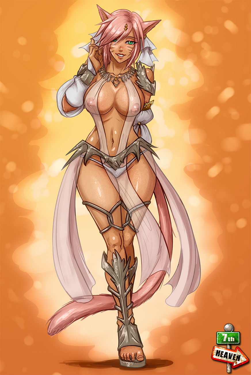 2018 7th_heaven_(artist) animal_humanoid areola big_breasts breasts cat_humanoid clothed clothing facial_markings feline female final_fantasy final_fantasy_xiv green_eyes hair humanoid mammal markings miqo'te nipples partially_clothed pink_hair smile solo square_enix standing thick_thighs translucent transparent_clothing video_games wide_hips