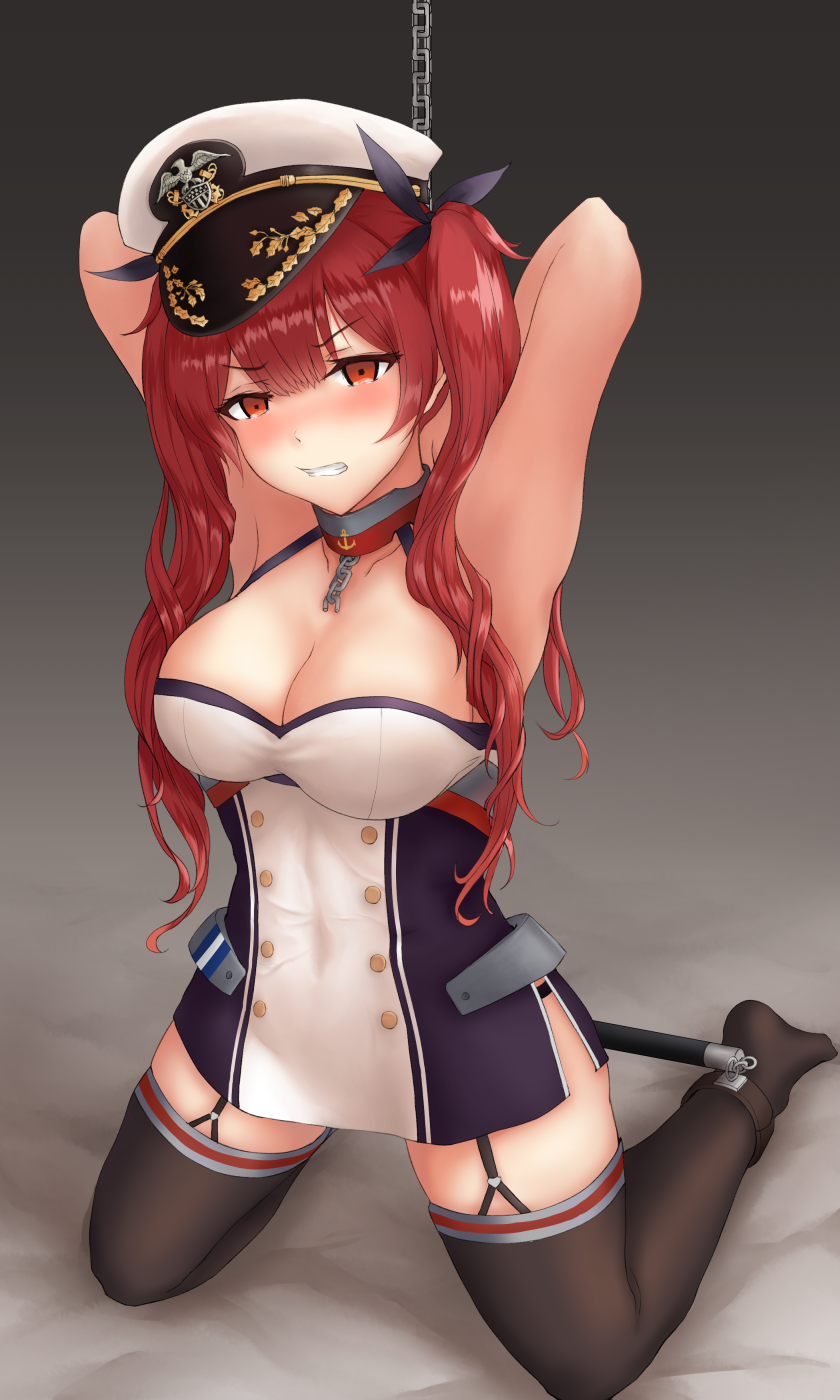 azur_lane bangs bdsm black_legwear black_panties black_ribbon blush bondage bound bound_ankles bound_arms breasts cleavage collarbone commentary covered_navel dress elbow_gloves eyebrows_visible_through_hair gloves hair_between_eyes hair_ribbon hat highres honolulu_(azur_lane) kneeling large_breasts long_hair looking_at_viewer nasunoten no_shoes panties parted_lips peaked_cap red_eyes red_hair ribbon short_dress side_slit skindentation solo spreader_bar thighhighs tsurime twintails underwear white_gloves