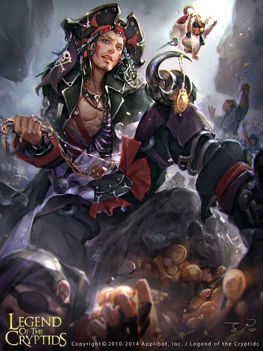 abs artist_name beard blue_eyes boots coin copyright_name dagger eyepatch faceless faceless_male facial_hair gun hat highres jewelry legend_of_the_cryptids long_hair male_focus mustache necklace official_art pirate pirate_hat solo_focus squirrel sword teeth tongue tongue_out weapon white_hair zinnadu