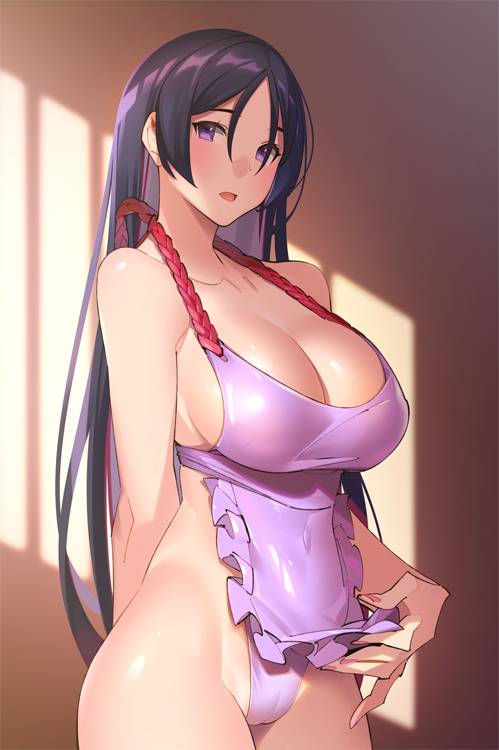 apron apron_lift arm_behind_back bangs bare_shoulders blush breasts cleavage collarbone commentary fate/grand_order fate_(series) frills hair_between_eyes hips indoors large_breasts long_hair looking_at_viewer minamoto_no_raikou_(fate/grand_order) naked_apron open_mouth parted_bangs pop_kyun purple_apron purple_eyes purple_hair solo sunlight thighs very_long_hair