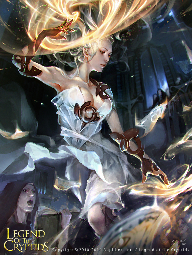 artist_name blonde_hair book breasts cleavage copyright_name faceless faceless_male fire gloves hood legend_of_the_cryptids long_hair official_art open_mouth orange_eyes solo_focus teeth zinnadu