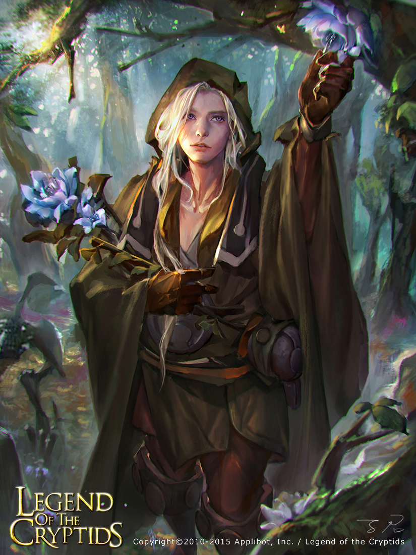 artist_name bag boots copyright_name flower gloves hood leaf legend_of_the_cryptids long_hair male_focus official_art purple_eyes solo tree white_hair zinnadu