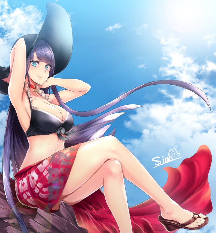 armpits arms_behind_head arms_up artist_name bangs bare_shoulders black_bikini_top black_hat blue_eyes blue_sky blunt_bangs breasts choker cleavage closed_mouth cloud collarbone commentary_request cross crossed_legs day fate/grand_order fate_(series) feet hat large_breasts legs long_hair long_legs looking_at_viewer looking_to_the_side navel purple_hair red_sarong saint_martha saint_martha_(swimsuit_ruler)_(fate) sandals sarong sian signature sitting sky smile solo sun_hat sunlight thighs