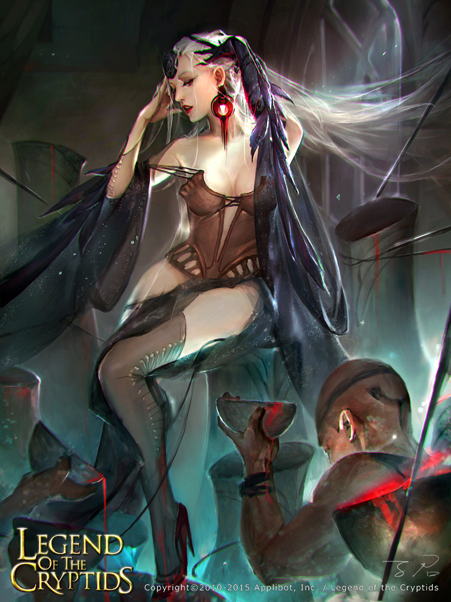 artist_name bare_shoulders blood bodysuit breasts cleavage copyright_name earrings faceless faceless_male gloves high_heels highres jewelry legend_of_the_cryptids lipstick long_hair makeup official_art open_mouth sitting solo_focus teeth thighhighs white_hair zinnadu