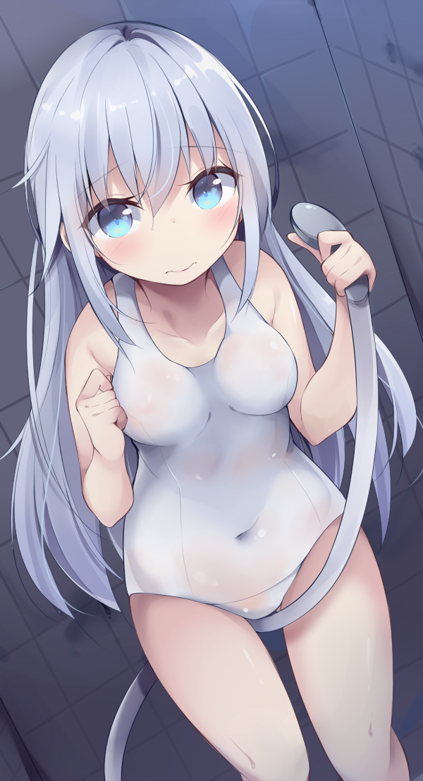 bangs bare_arms bare_shoulders between_legs blue_eyes breasts closed_mouth collarbone commentary_request covered_navel dutch_angle eyebrows_visible_through_hair hair_between_eyes hands_up holding kyuukon_(qkonsan) long_hair looking_at_viewer medium_breasts one-piece_swimsuit original school_swimsuit shower_head silver_hair solo swimsuit tile_wall tiles very_long_hair wavy_mouth white_school_swimsuit white_swimsuit