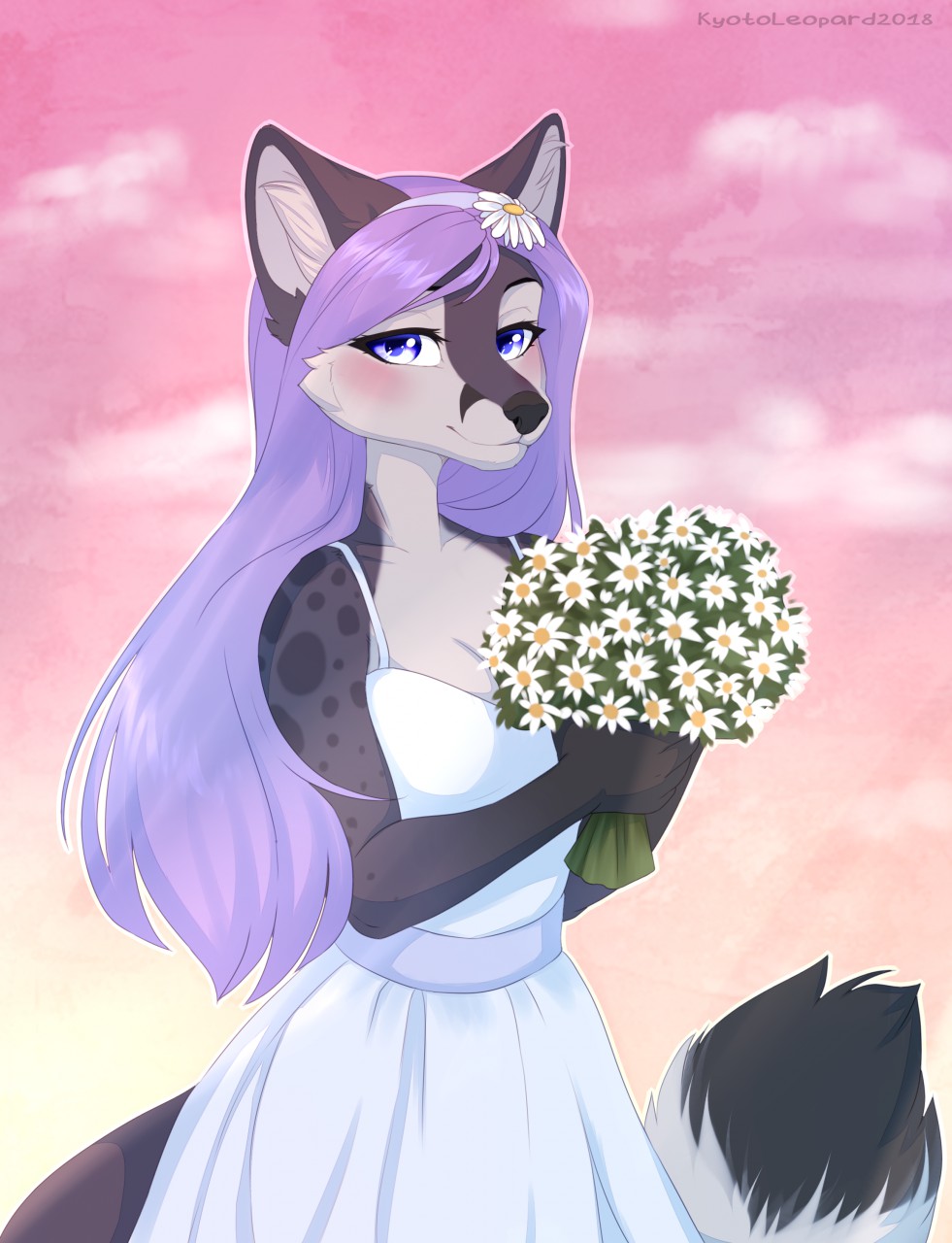 2018 anthro blue_eyes bouquet breasts canine clothed clothing digital_media_(artwork) dress ear_piercing eyelashes female fox hair inner_ear_fluff kyotokisha15 looking_at_viewer mammal piercing purple_eyes purple_hair smile solo wedding_dress