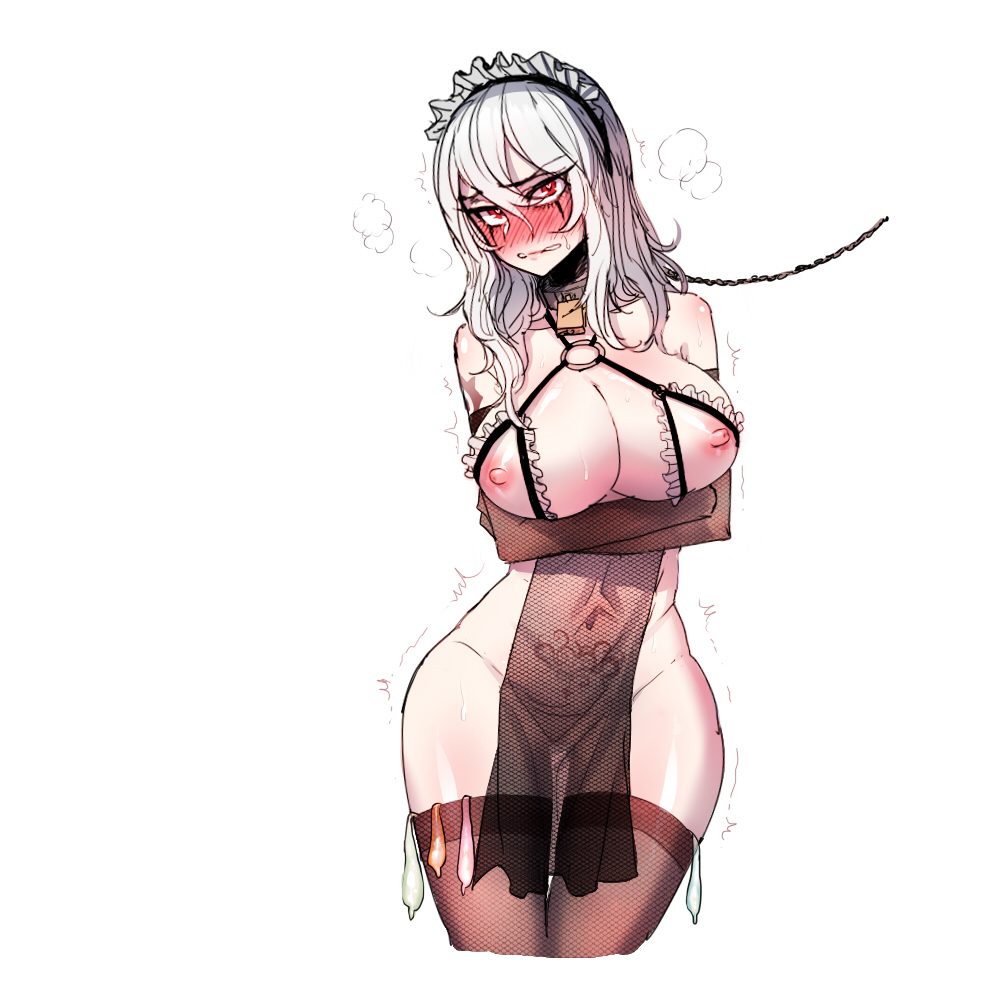 1girl arm_tattoo blush breasts chains choker condom heart heart_eyes large_breasts maid maid_cap mr.skull red_eyes sally_whitemane silver_hair slave stockings tattoo warcraft world_of_warcraft