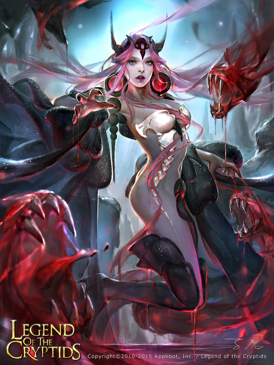 artist_name bare_shoulders blood bodysuit breasts cleavage copyright_name earrings fangs hair_ornament high_heels highres horns jewelry legend_of_the_cryptids lipstick long_hair makeup midriff nail_polish navel official_art open_mouth pink_hair red_eyes solo teeth thighhighs zinnadu
