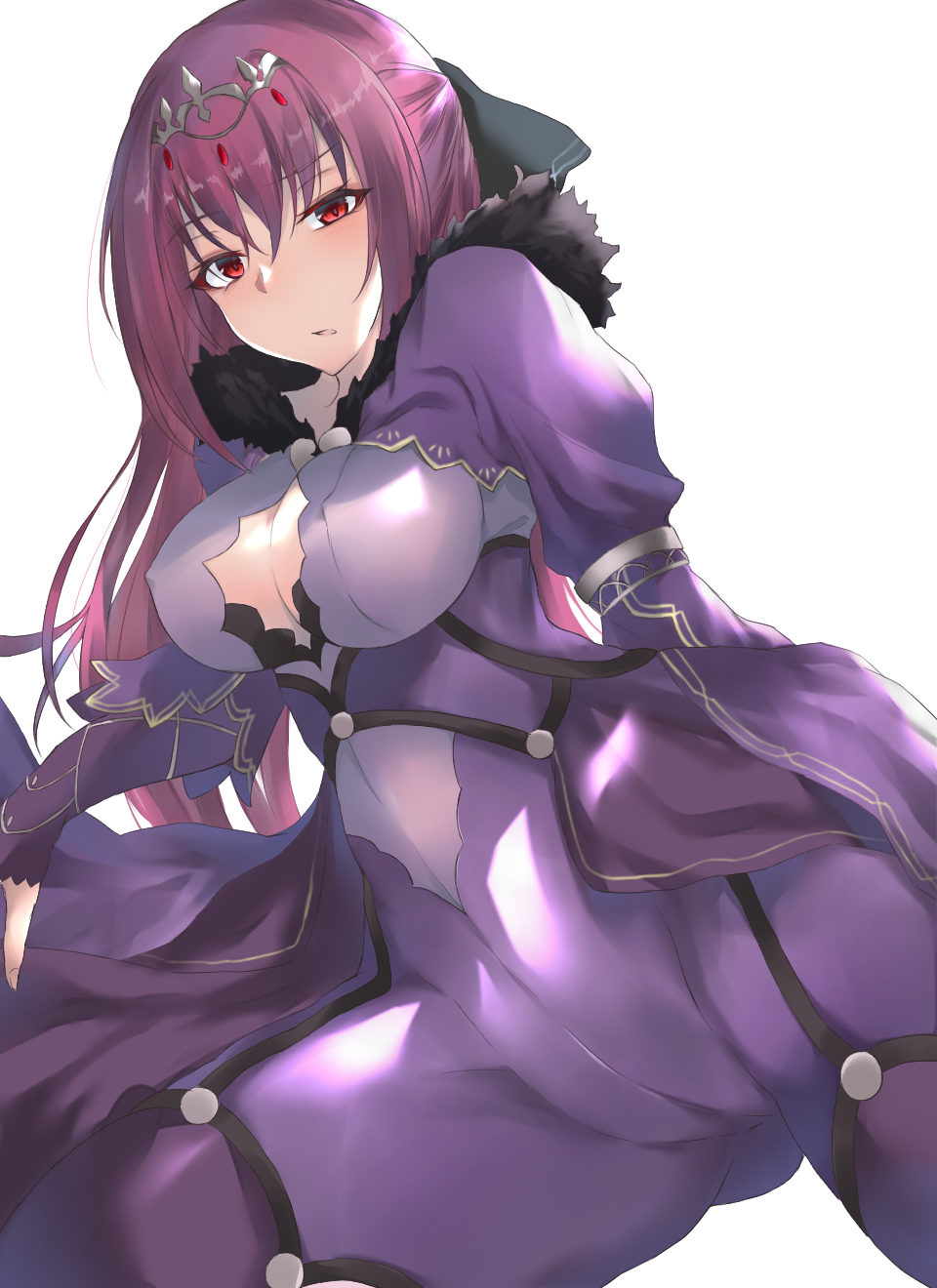 blush bodysuit breasts cleavage dress fate/grand_order fate_(series) fur_trim hair_between_eyes headpiece highres jewelry large_breasts long_hair looking_at_viewer open_mouth purple_dress purple_hair red_eyes scathach_(fate)_(all) scathach_skadi_(fate/grand_order) solo spread_legs thighs tiara yuki_maccha_(yukimattya10)