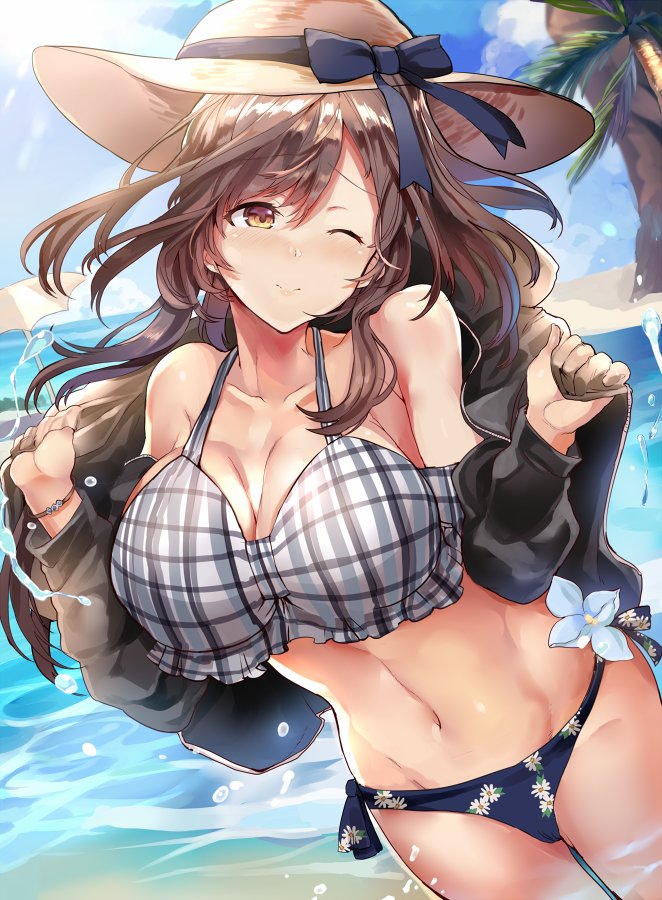 alternate_costume arms_up bangs bare_shoulders beach bikini blue_sky blush bracelet breasts brown_eyes brown_hair cleavage closed_mouth collarbone commentary_request day eyebrows_visible_through_hair hat himuro_(dobu_no_hotori) idolmaster idolmaster_shiny_colors jewelry large_breasts long_hair navel ocean one_eye_closed palm_tree partially_submerged plaid_bikini_top sand side-tie_bottom sky solo sun_hat sweater swimsuit tree tsukioka_kogane umbrella water waves
