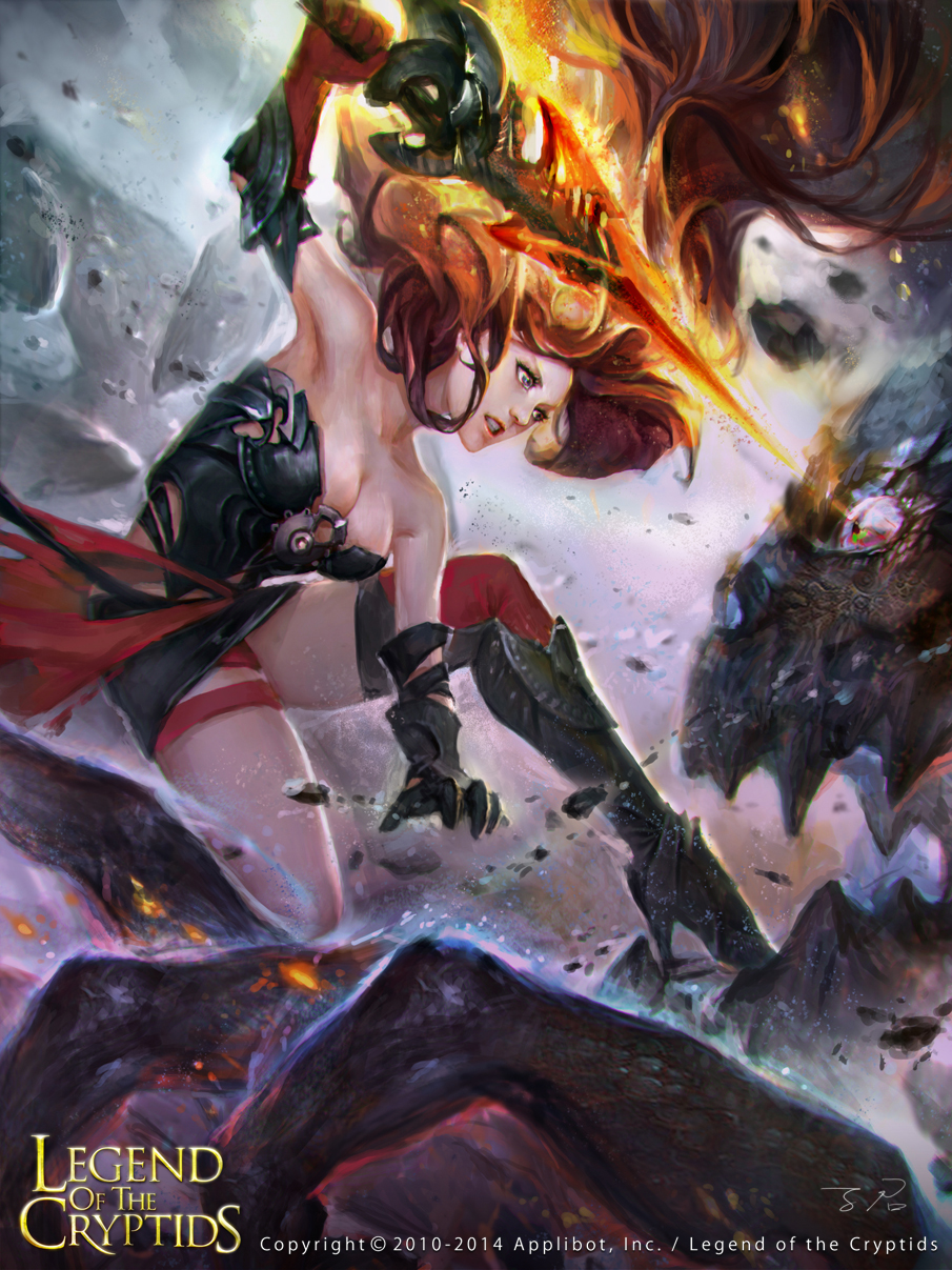 artist_name bare_shoulders blue_eyes boots copyright_name fangs fire gloves high_heel_boots high_heels highres legend_of_the_cryptids long_hair official_art open_mouth red_hair rock solo sword teeth thighhighs weapon zinnadu