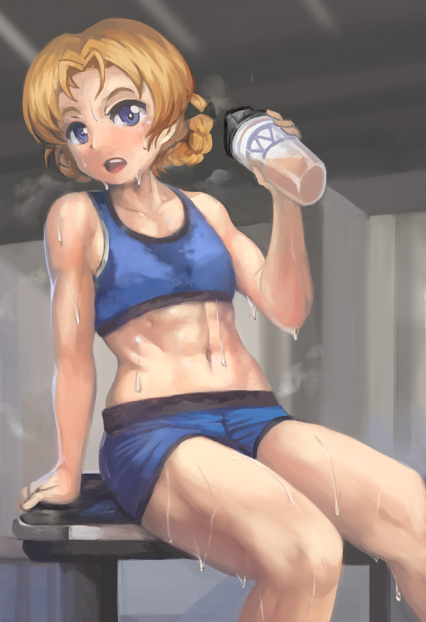 abs alternate_costume arm_support bare_shoulders black_ribbon blonde_hair blue_eyes blush bottle braid french_braid girls_und_panzer looking_at_viewer muscle muscular_female navel open_mouth orange_pekoe ribbon shorts solo sports_bra sweat thighs water_bottle yilx