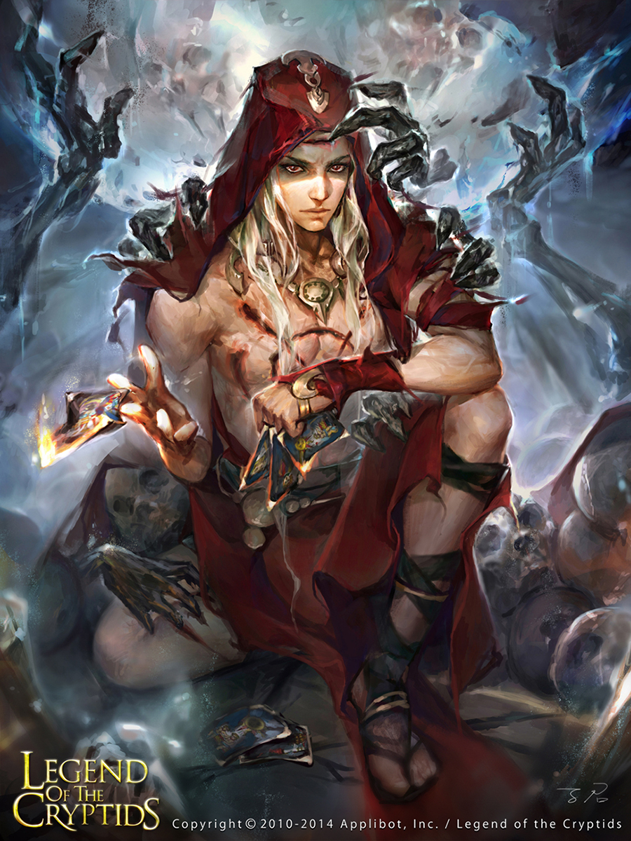 abs artist_name blonde_hair blood card copyright_name fire highres hood injury jewelry legend_of_the_cryptids long_hair male_focus necklace official_art red_eyes sandals skull solo tarot zinnadu