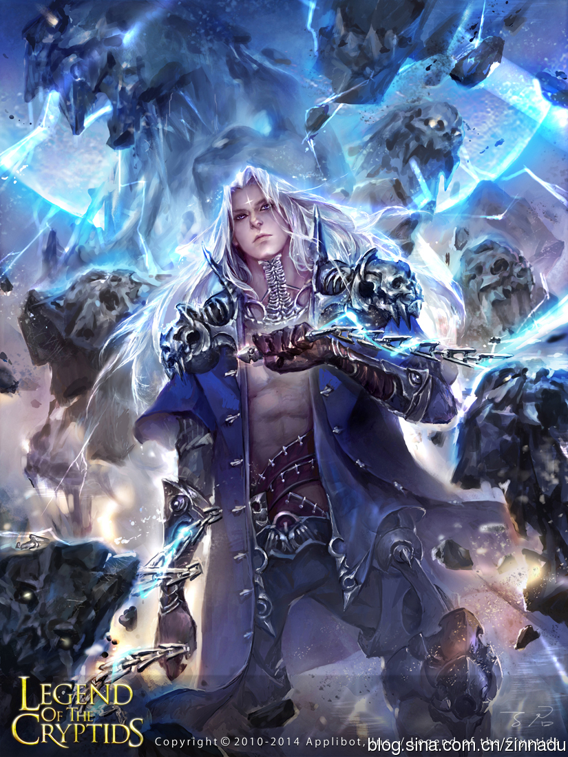abs artist_name boots chain copyright_name electricity facial_mark forehead_mark gloves legend_of_the_cryptids long_hair male_focus official_art open_clothes open_shirt purple_eyes rock solo white_hair zinnadu
