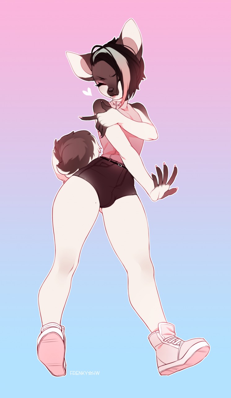 &lt;3 anthro blue_hair brown_fur canine chihuahua clothing dog eyelashes eyes_closed footwear frenky_hw fur hair highlights male mammal pink_hair pose shoes shorts simple_background smile solo thicco thick_thighs white_fur wide_hips