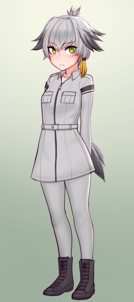 armband arms_behind_back belt bird_tail black_hair blush boots breasts commentary full-length_zipper green_eyes grey_hair grey_legwear kemono_friends looking_at_viewer multicolored_hair pantyhose razalor safari_jacket shoebill_(kemono_friends) small_breasts solo standing topknot two-tone_hair younger zipper
