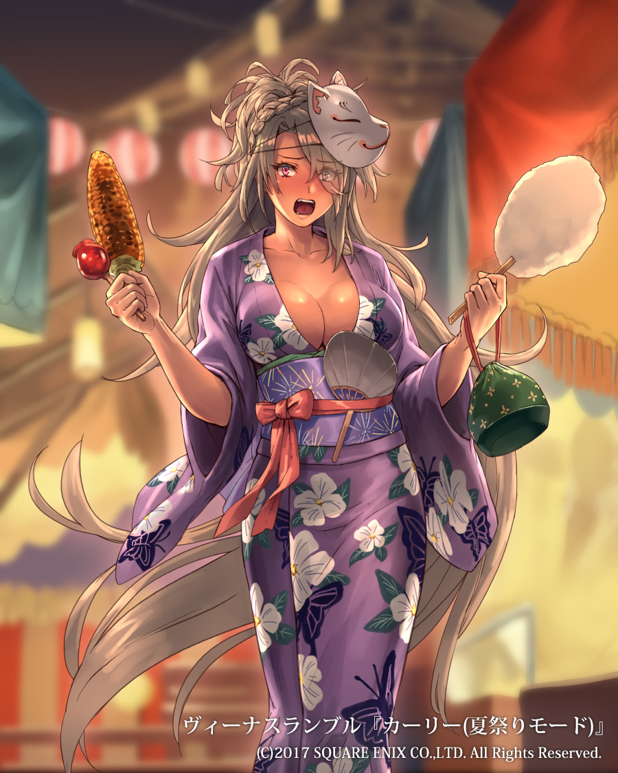 bangs blush braid breasts brown_hair celebration cleavage collarbone commentary_request corn cotton_candy cuboon eyebrows_visible_through_hair eyes_visible_through_hair facing_viewer fan festival fox_mask hair_over_one_eye holding japanese_clothes kimono large_breasts long_hair mask obi official_art open_clothes open_kimono open_mouth ponytail purple_kimono red_eyes red_ribbon ribbon sash standing temple venus_rumble very_long_hair