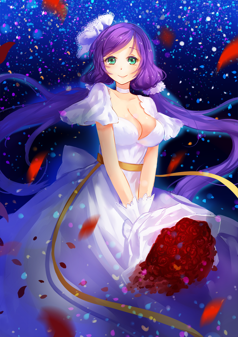 bangs bouquet breasts choker cleavage collarbone dress floating_hair flower gloves green_eyes hair_ornament holding holding_bouquet large_breasts long_dress long_hair love_live! love_live!_school_idol_project parted_bangs petals purple_hair red_flower red_rose rose shiny shiny_hair smile solo standing toujou_nozomi twintails very_long_hair vetina wedding_dress white_dress white_gloves