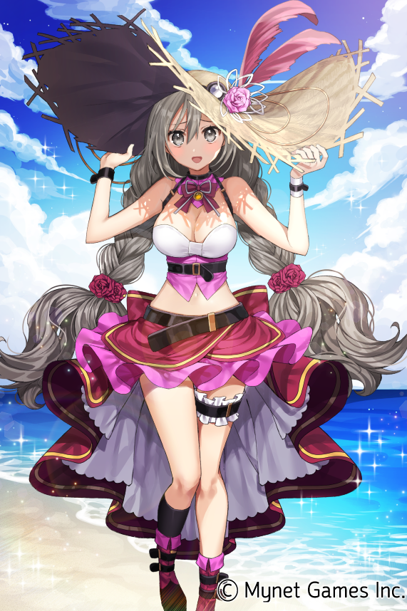 :d age_of_ishtaria bangs bare_shoulders beach belt black_choker blue_sky blush boots breasts choker cleavage cloud cloudy_sky day flower gambe grey_eyes grey_hair hair_between_eyes hair_flower hair_ornament hands_on_headwear hands_up hat hat_feather hat_flower large_breasts leg_garter long_hair midriff navel ocean open_mouth outdoors pink_flower pink_rose red_flower red_footwear red_rose red_skirt rose skirt sky smile solo standing standing_on_one_leg straw_hat sun_hat twintails very_long_hair watermark wristband