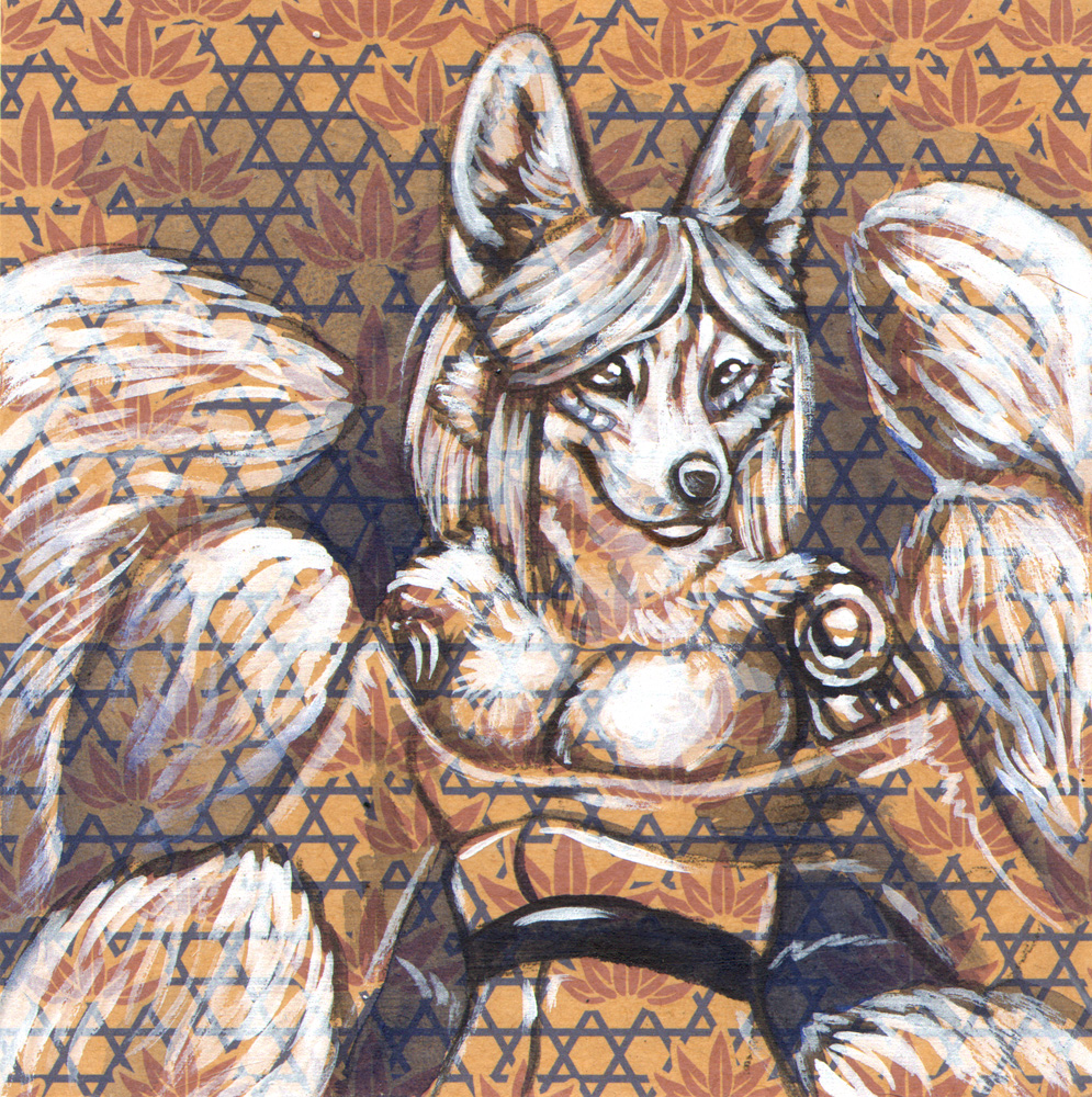 anthro breasts cadmiumtea canine cleavage clothed clothing female fox hair japanese_clothing kimono machine mammal multi_tail robot white_hair