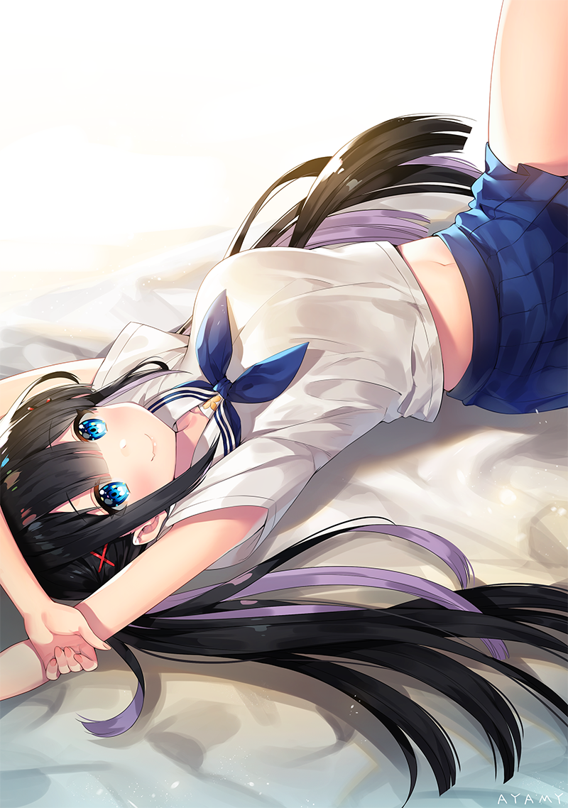 ayamy bangs black_hair blue_eyes blue_skirt blunt_bangs blush breasts closed_mouth commentary_request hair_between_eyes hair_spread_out hands_up large_breasts legs_up long_hair looking_at_viewer lying midriff navel on_back original pleated_skirt sailor_collar school_uniform serafuku shirt signature skirt smile solo white_sailor_collar white_shirt