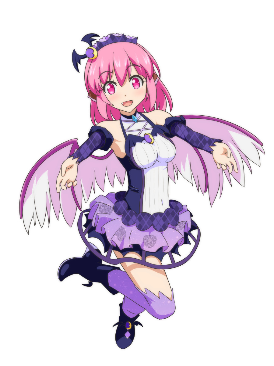 :d alternate_costume animal_ears bare_shoulders bird_wings boots breasts cato_(monocatienus) commentary_request detached_sleeves eyebrows_visible_through_hair fang full_body headdress highres looking_at_viewer medium_breasts medium_hair mystia_lorelei open_mouth outstretched_arms pink_eyes pink_hair purple_legwear simple_background smile solo thighhighs touhou white_background wings