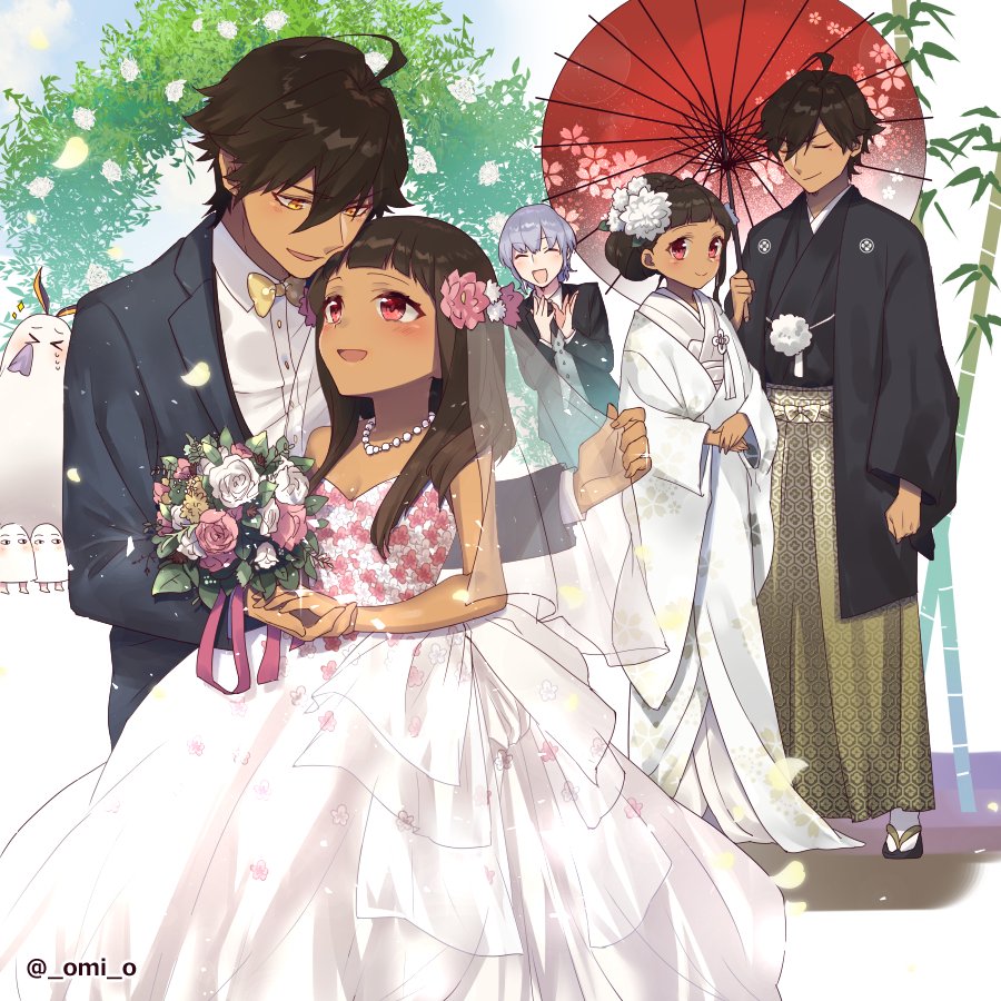 2girls blue_sky blush bouquet bridal_veil brown_hair commentary_request couple dark_skin dark_skinned_male day dress fate/grand_order fate/prototype fate/prototype:_fragments_of_blue_and_silver fate_(series) flower hair_flower hair_ornament holding holding_bouquet holding_umbrella husband_and_wife japanese_clothes jewelry kimono long_hair long_sleeves looking_at_another medjed moses_(fate/prototype_fragments) multiple_boys multiple_girls necklace nefertari_(fate/prototype_fragments) nitocris_(fate/grand_order) nitocris_(swimsuit_assassin)_(fate) omi_(tyx77pb_r2) open_mouth outdoors ozymandias_(fate) pink_eyes pink_flower pink_rose red_umbrella rose shared_umbrella sky smile uchikake umbrella unmoving_pattern veil wedding_dress white_flower white_kimono white_rose wide_sleeves yellow_eyes