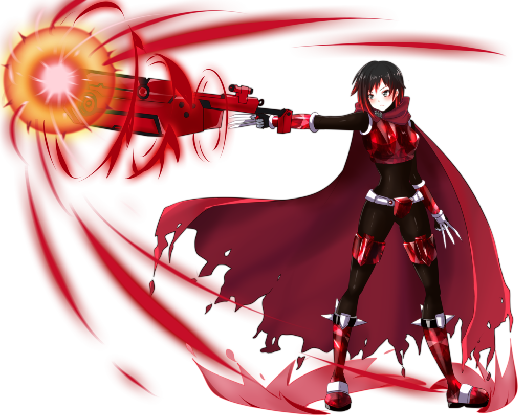 alternate_costume armor armored_boots armored_dress avaloki black_hair bodystocking boots cape clawed_gauntlets cloak crescent_rose cross crossover flower full_body gradient_hair gun hood hooded_cloak multicolored_hair petals red_armor red_cape red_hair rockman rockman_zx rose rose_petals ruby_rose rwby short_hair silver_eyes spandex two-tone_hair weapon