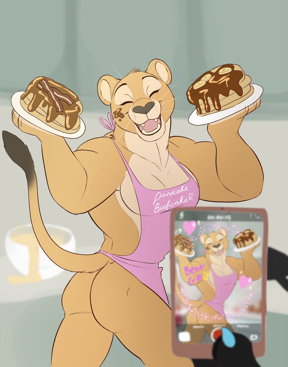 apron butt clothing eyes_closed feline female food laphund lion mammal muscular muscular_female pancake phone recording smile solo