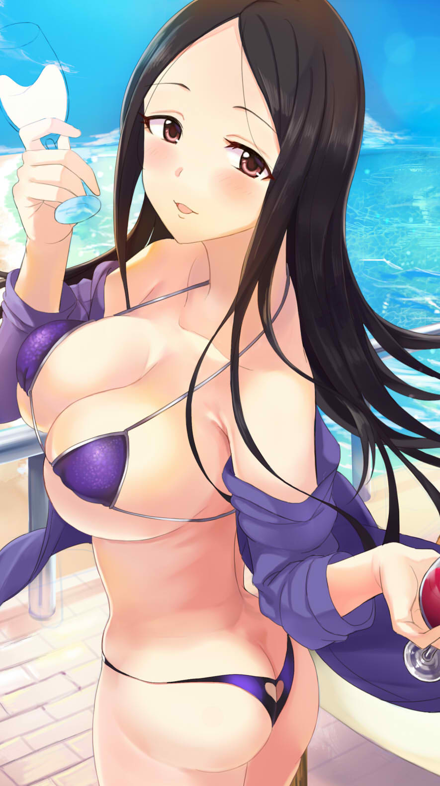 alcohol ashita_(2010) ass bangs bare_shoulders beach bikini black_hair blue_sky blush breasts brown_eyes butt_crack cleavage collarbone commentary_request cup day drinking_glass highres hiiragi_shino hips idolmaster idolmaster_cinderella_girls jacket large_breasts long_hair looking_at_viewer looking_back ocean off_shoulder open_clothes open_jacket parted_bangs parted_lips purple_bikini purple_jacket sky smile solo swimsuit wine_glass