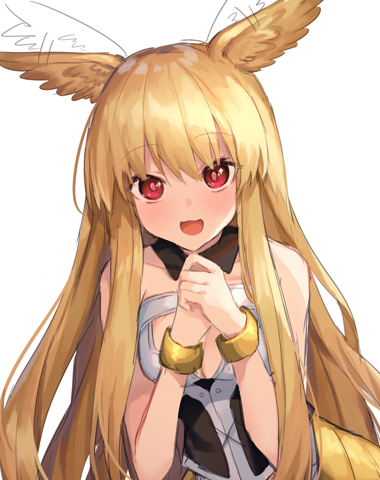 1girl :d afterimage bare_shoulders blonde_hair commentary_request detached_collar eyebrows_visible_through_hair fate/grand_order fate_(series) hands_together head_wings long_hair looking_at_viewer open_mouth red_eyes simple_background sketch smile solo thrud_(fate/grand_order) upper_body valkyrie_(fate/grand_order) very_long_hair white_background