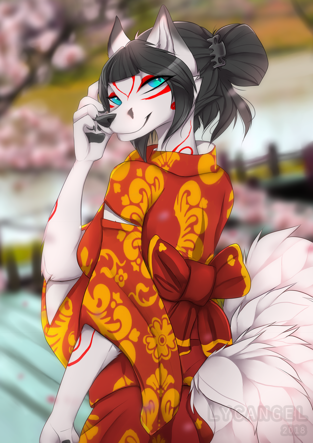 2018 anthro black_hair black_nose blue_eyes blurred_background canine clothed clothing day detailed_background digital_media_(artwork) dog female fur hair japanese_clothing lycangel mammal multi_tail outside smile solo standing white_fur