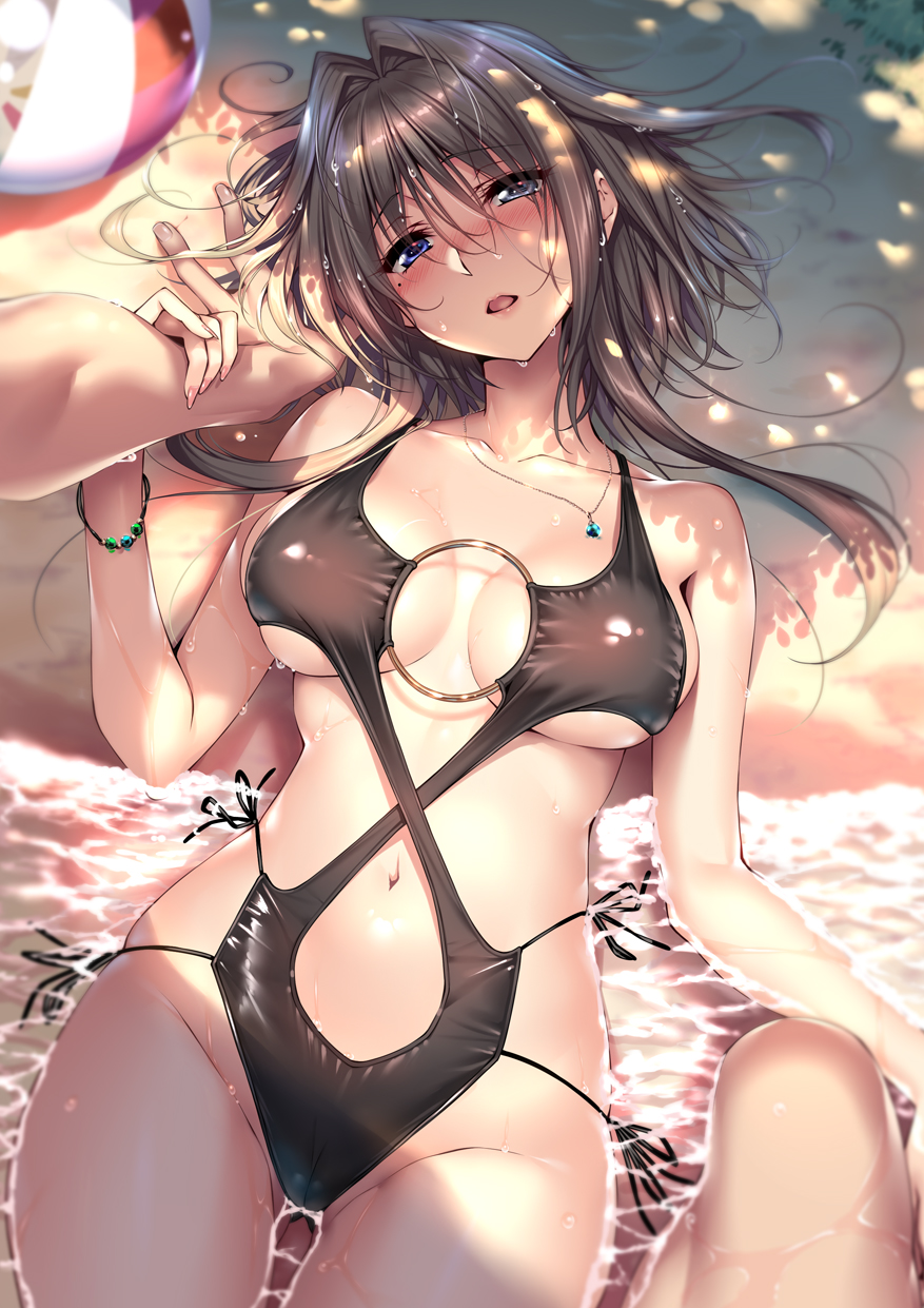 amakano arm_grab beach black_swimsuit blue_eyes bracelet breasts brown_hair commentary_request cowboy_shot d: eyebrows_visible_through_hair fingernails hair_intakes head_tilt highres jewelry kanbayashi_mizuki large_breasts long_fingernails lying mole mole_under_eye navel necklace o-ring o-ring_swimsuit on_back open_mouth out_of_frame outdoors partially_submerged piromizu short_hair short_hair_with_long_locks side-tie_swimsuit solo_focus swimsuit water wet wet_hair