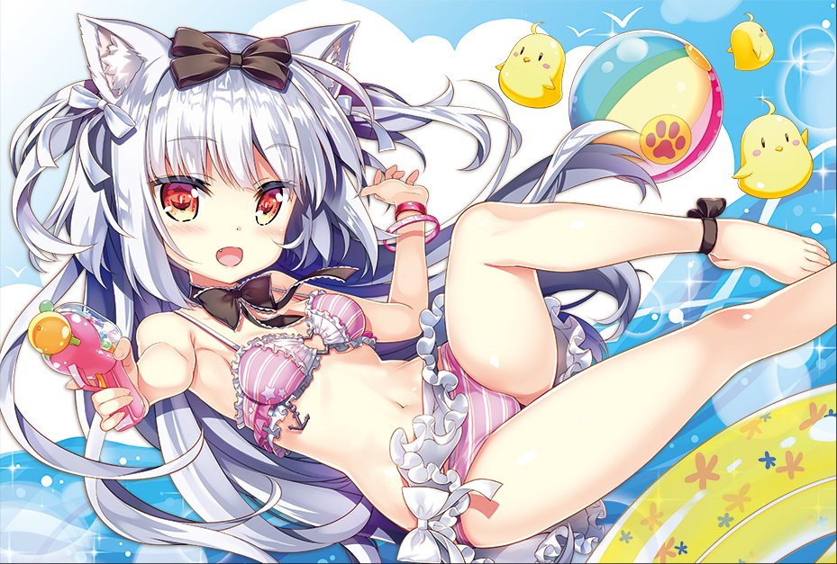 azur_lane ball bare_legs beachball bikini bird black_ribbon bow bowtie breasts cloud commentary_request duck floating frilled_bikini frills fujima_takuya hair_ribbon happy long_hair open_mouth pink_bikini red_eyes ribbon silver_hair silver_ribbon small_breasts striped striped_bikini swimsuit water water_gun wristband yukikaze_(azur_lane)