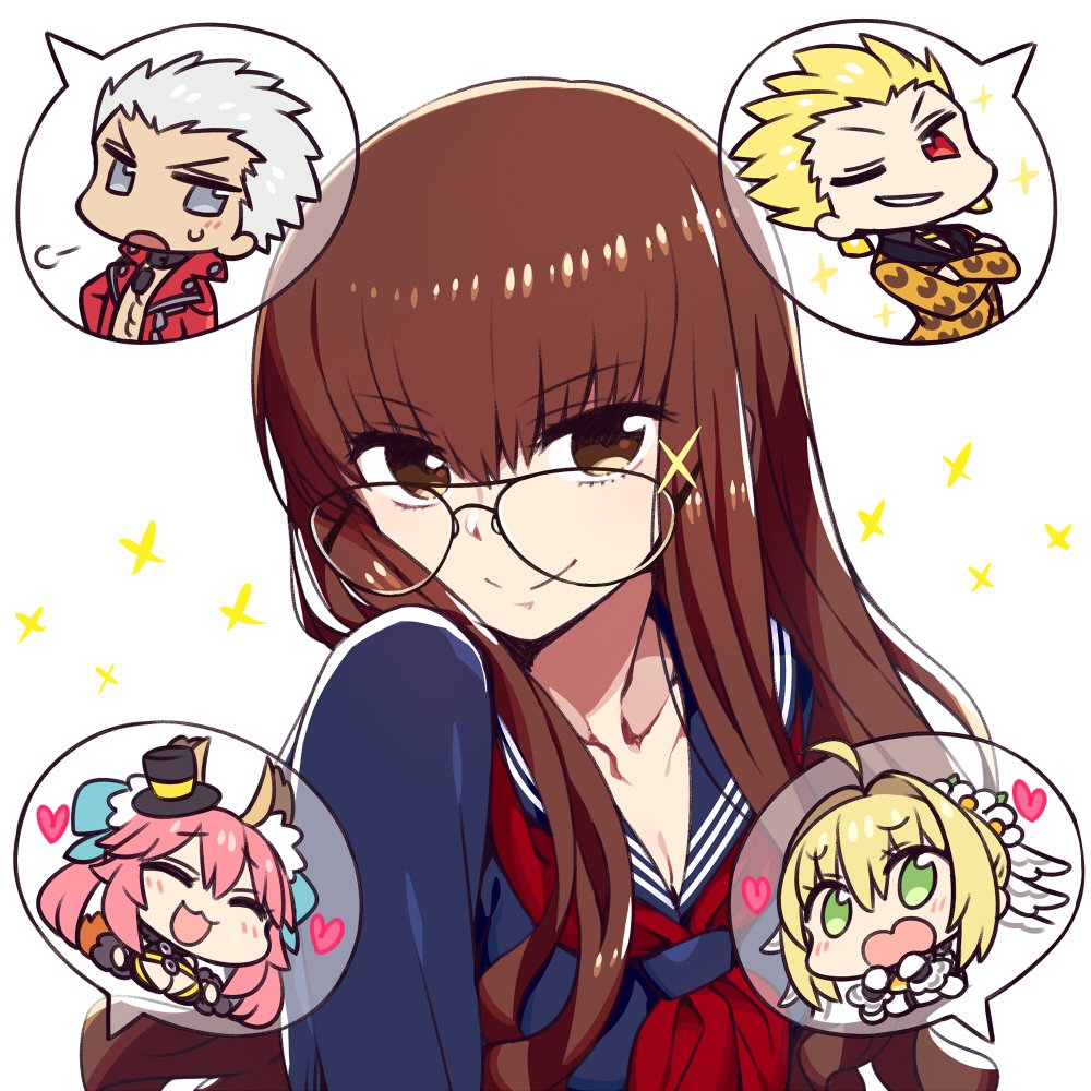 3girls :3 ahoge animal_ear_fluff animal_ears archer black_hat black_serafuku blonde_hair blush braid breasts brown_eyes brown_hair chan_co chibi chibi_inset cleavage closed_eyes closed_mouth commentary_request crossed_arms earrings eyebrows_visible_through_hair fate/extra fate/extra_ccc fate_(series) fox_ears gilgamesh glasses green_eyes grey_eyes grey_hair hat heart jacket jewelry kishinami_hakuno_(female) lock_earrings long_hair looking_at_viewer multiple_boys multiple_girls nero_claudius_(bride)_(fate) nero_claudius_(fate)_(all) one_eye_closed open_mouth out_of_frame pink_hair red_eyes red_jacket school_uniform serafuku simple_background smile sparkle speech_bubble sweatdrop tamamo_(fate)_(all) tamamo_no_mae_(fate) top_hat tsukumihara_academy_uniform_(fate/extra_ccc) upper_body veil white_background