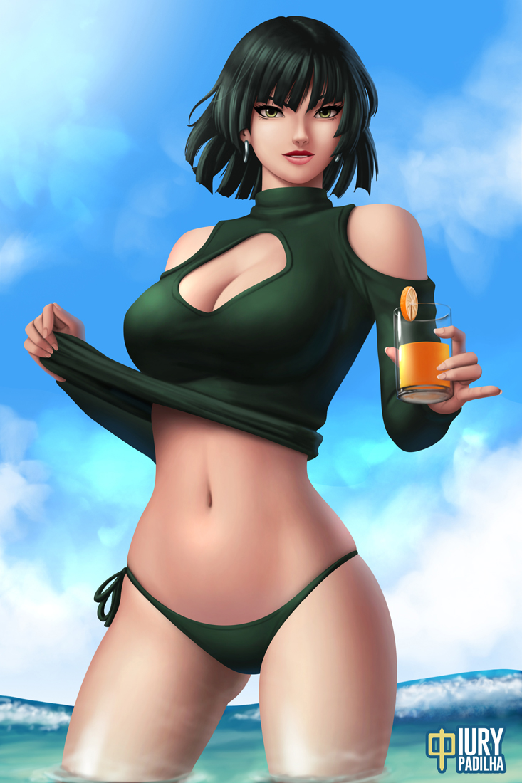 artist_name bangs bare_shoulders bikini bikini_bottom black_hair blue_sky breasts cleavage cleavage_cutout clothes_lift day dress drink earrings fubuki_(one-punch_man) green_eyes iury_padilha jewelry large_breasts navel ocean one-punch_man pinky_out short_hair side-tie_bottom sky solo sweater sweater_dress sweater_lift swimsuit wading