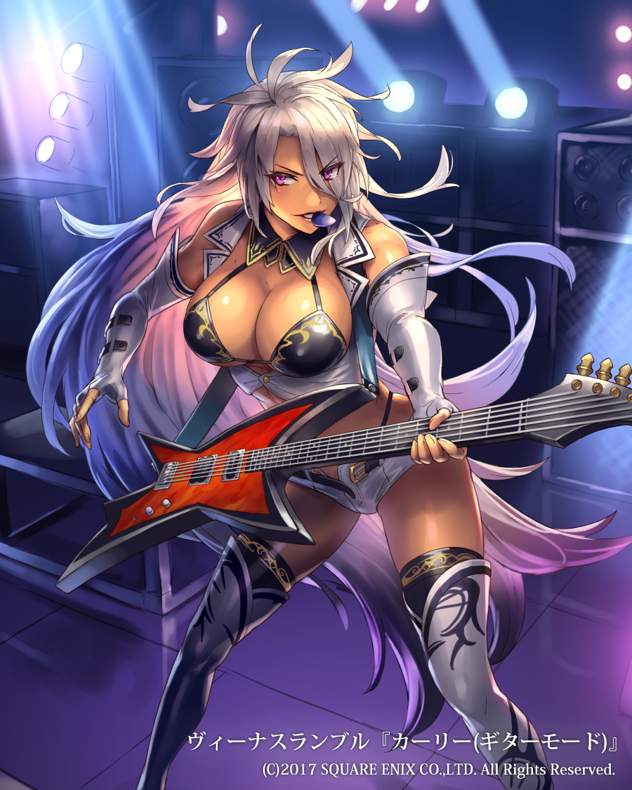 bangs bare_shoulders boots breasts commentary_request copyright_name cuboon dark_skin elbow_gloves electric_guitar eyebrows_visible_through_hair fingerless_gloves gloves guitar holding instrument large_breasts lips long_hair midriff mouth_hold official_art plectrum purple_eyes shiny shiny_clothes shiny_skin short_shorts shorts silver_hair sleeveless solo stage stage_lights thigh_boots thighhighs venus_rumble very_long_hair white_footwear white_legwear