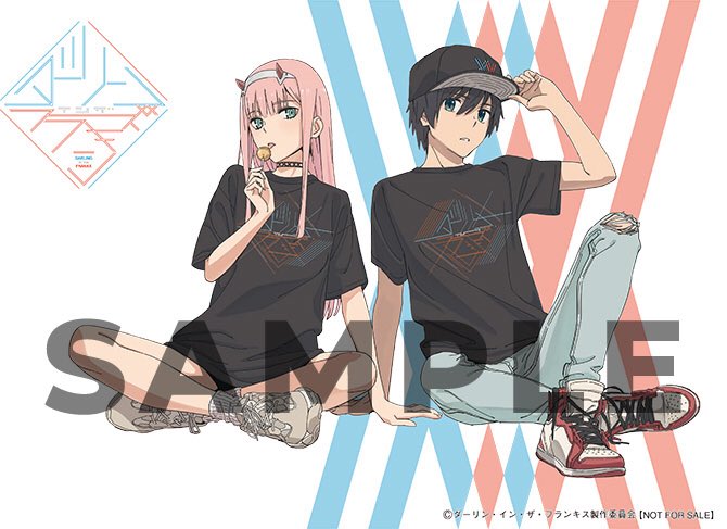 1girl bangs black_choker black_collar black_hair black_hat black_shirt black_shorts blue_eyes choker commentary_request couple cross-laced_footwear crossed_legs darling_in_the_franxx eyebrows_visible_through_hair green_eyes grey_footwear grey_pants hair_ornament hairband hand_up hat hetero hiro_(darling_in_the_franxx) holding holding_hat holding_lollipop horns jpeg_artifacts long_hair looking_at_viewer official_art oni_horns pants pink_hair red_horns sample shirt shoes short_shorts shorts sitting sneakers studded_choker tanaka_masayoshi thighs tongue tongue_out torn_clothes torn_pants watermark white_footwear white_hairband zero_two_(darling_in_the_franxx)