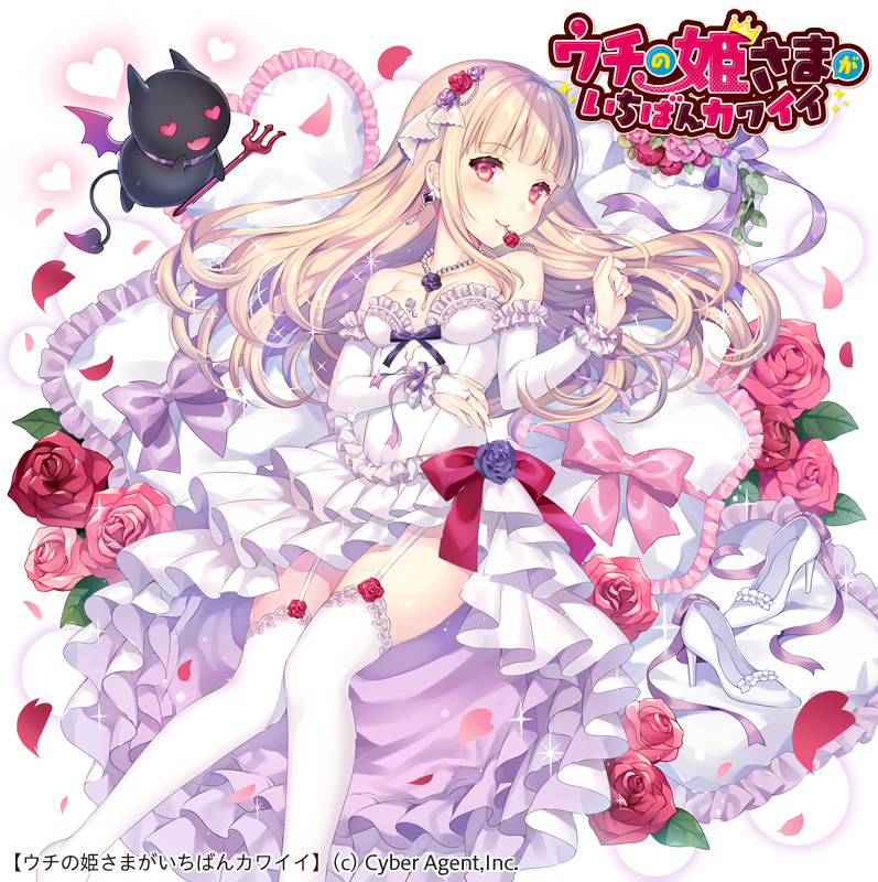 blonde_hair bow breasts cleavage copyright_name demon detached_sleeves dress earrings flower frills garter_straps hair_flower hair_ornament hand_up heart heart_eyes high_heels jewelry long_hair looking_at_viewer necklace official_art petals pink_bow pink_eyes polearm rose shoes shoes_removed small_breasts solo trident uchi_no_hime-sama_ga_ichiban_kawaii wasabi_(sekai) watermark weapon white_dress white_footwear white_legwear