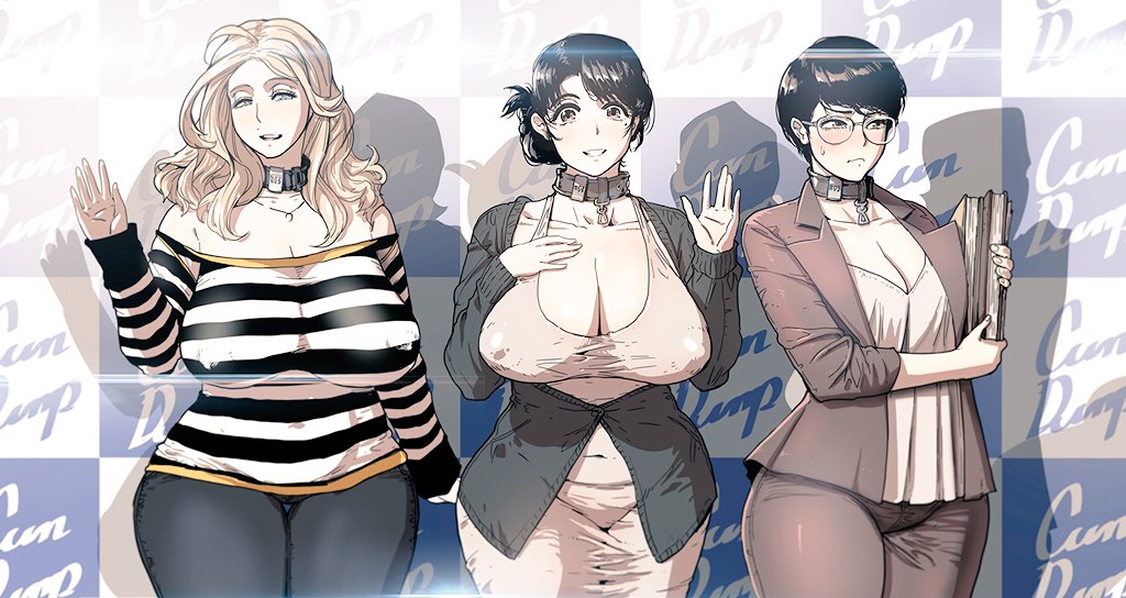 bangs black_hair blonde_hair blush book breasts brown_eyes butcherboy cardigan cleavage collar collarbone commentary_request covered_nipples facing_viewer formal glasses grey_eyes hand_on_own_chest hand_wave holding holding_book holding_paper huge_breasts jacket jewelry large_breasts long_hair looking_at_viewer looking_to_the_side married mature multiple_girls necklace off-shoulder_sweater office_lady original pant_suit pants paper paperwork short_hair smile striped striped_sweater suit sweatdrop sweater