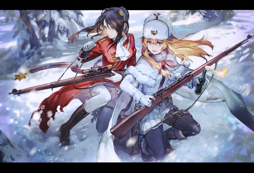 bag bangs black_hair black_legwear blonde_hair blue_eyes bolt_action boots braid brown_footwear brown_hair capelet chibi_(shimon) coat commentary_request day fur-trimmed_boots fur-trimmed_capelet fur_hat fur_trim girls_frontline gloves green_eyes gun hair_between_eyes hat holding holding_gun holding_weapon knee_boots lee-enfield lee-enfield_(girls_frontline) long_hair long_sleeves mosin-nagant mosin-nagant_(girls_frontline) multicolored_hair multiple_girls object_namesake one_knee outdoors pants pantyhose pleated_skirt red_coat rifle shawl shirt shoulder_bag skirt snow squatting star two-tone_hair ushanka weapon white_capelet white_gloves white_hat white_pants white_shirt white_skirt