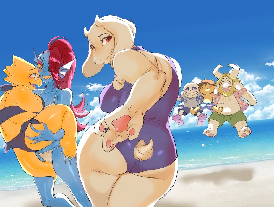 alphys animated_skeleton anthro asgore_dreemurr beach bikini blue_skin blush bone butt caprine clothed clothing cloud eye_contact eye_patch eyes_closed eyewear female female/female fish footwear glasses goat grin hair holding_character human lizard long_ears long_hair looking_at_viewer looking_back male mammal marine nam one-piece_swimsuit open_mouth open_smile outside overweight pawpads protagonist_(undertale) rear_view red_eyes red_hair reptile sand sandals sans_(undertale) scalie sea seaside skeleton sky smile swimsuit toriel undead undertale undyne video_games voluptuous water yellow_skin
